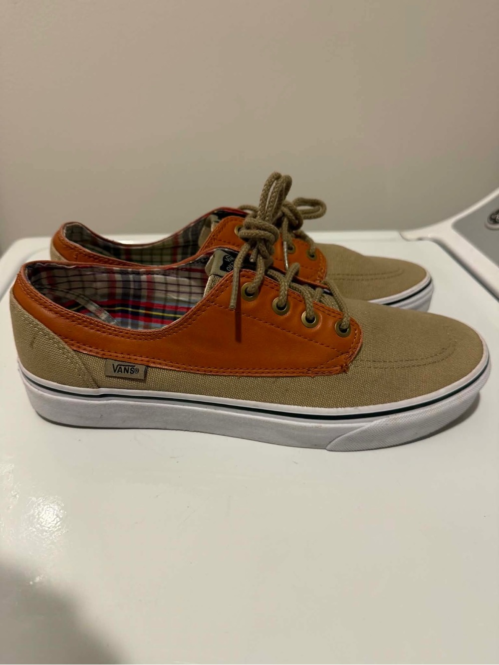 Vans Men’s Tan Canvas Sneakers with Brown Leather-Trim